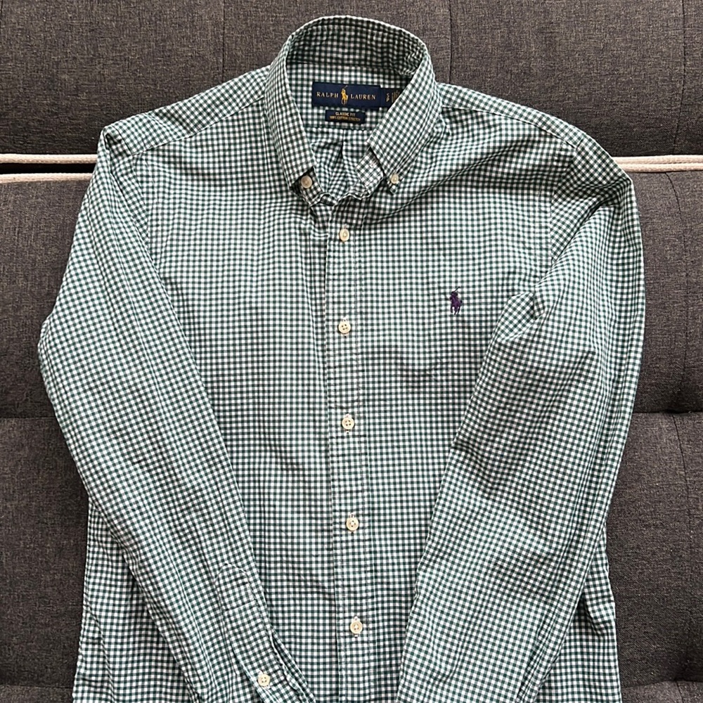 Polo by Ralph Lauren Green/White Checkered Gingham Shirt. Size Classic S/Slim L.